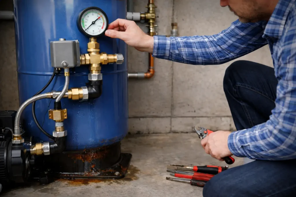 Plumber completing tank repair for well pressure system with tools and pressure gauge adjustment